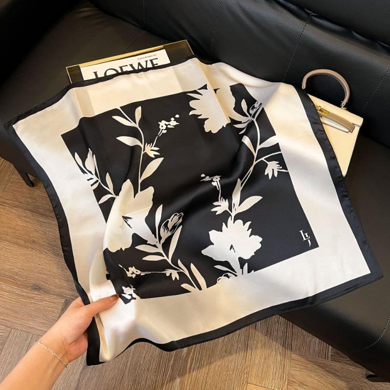 68cm Literary Flower Scarf Women's Spring and Summer New Imitation Silk Scarf High-end Fashion Versatile Headscarf Shawl
