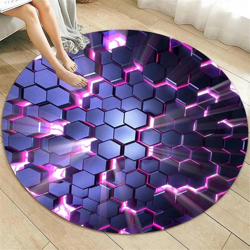 Crystal Velvet Psychedelic Round Rug, Abstract Geometric Illusion Print Non Slip Floor Mat for Living Room, Bedroom, Sofa Decor