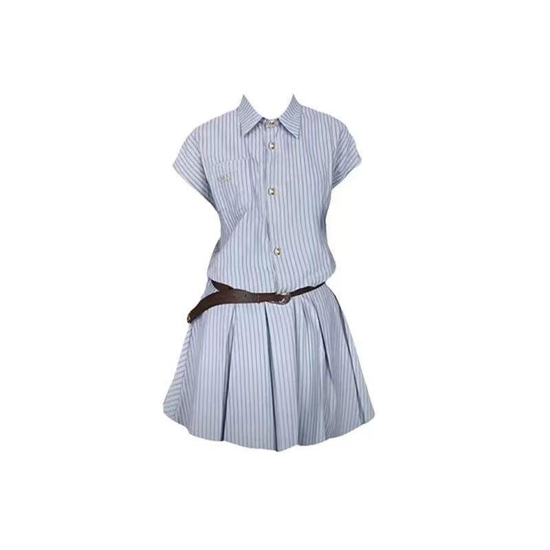 Academy style blue striped shirt dress children waist thin temperament design sense niche pleated short skirt summer
