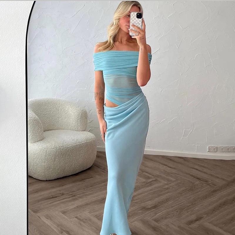 Women Off Shoulder Mesh Dress Formal Wedding Evening Dress Slim Maxi Dresses