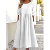 Women's Fashion Solid Color Dress Large Loose Cotton Linen Round Neck Five-Part Sleeve Mid-Length Dress