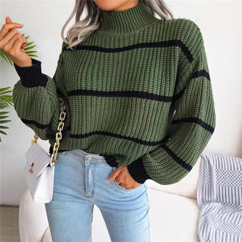 New Turtleneck Long Sleeved Women Striped Pullover Sweater Elegant Autumn Winter Loose Fashion Casual Office Tops Lady Knitwear Clothes