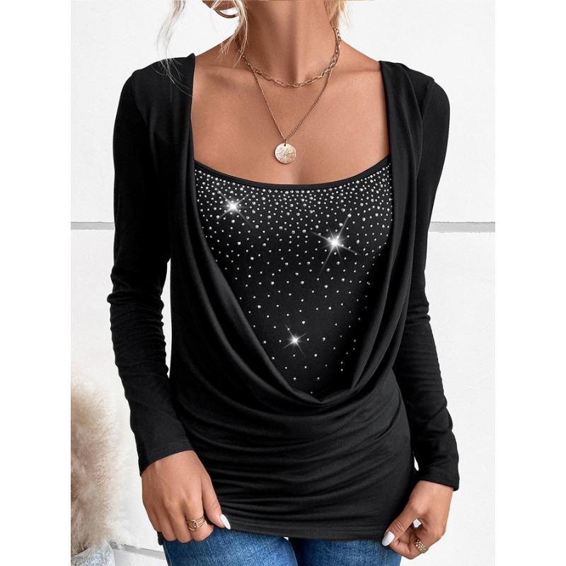 Women's 2025 New Ladies Casual Pullover Diamond Long Sleeve Fake Two-piece Top