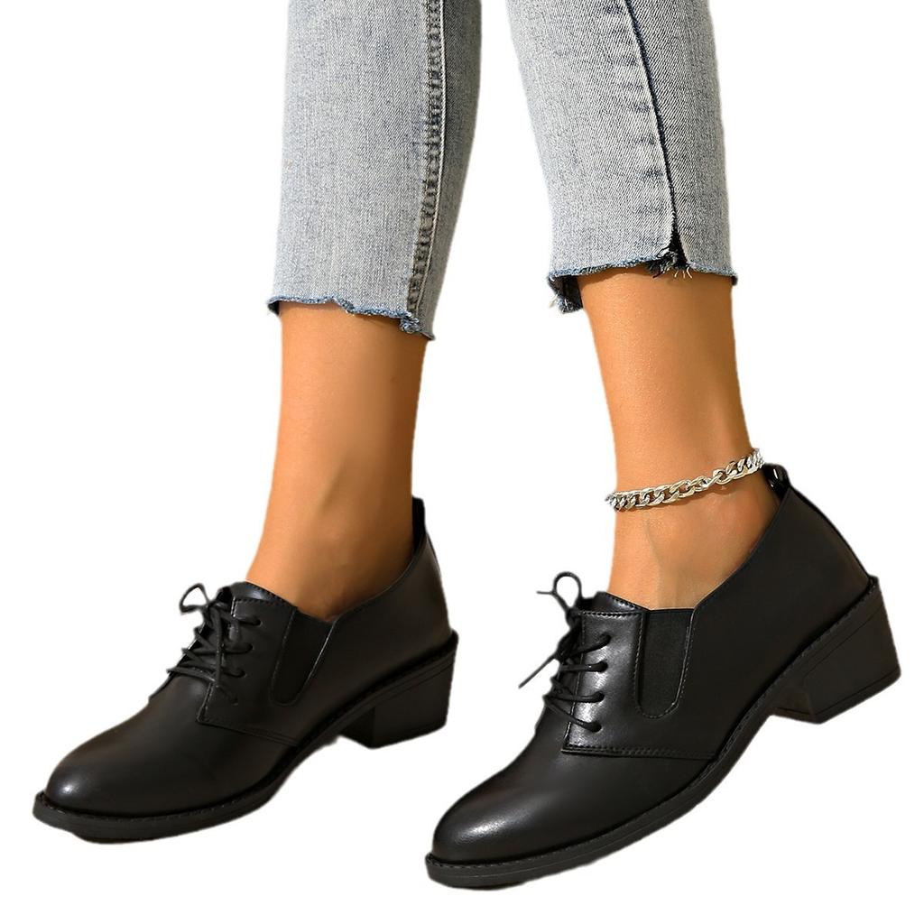 2025 New Deep Mouth Small Leather Shoes High Heels Spring and Autumn New Middle Heel Lace-up Mother Shoes Thick Heel Single Shoes Women