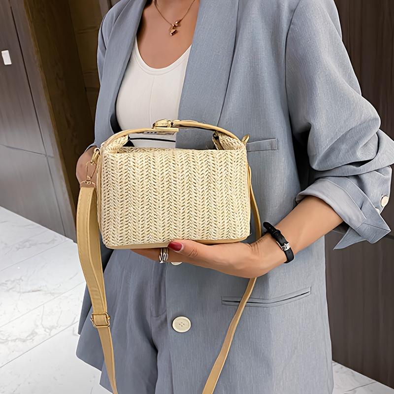 Straw-Textured Crossbody Bag for Women Small Square Pillow-Shaped Handbag with Zipper Closure Detachable Strap Vintage Handbag