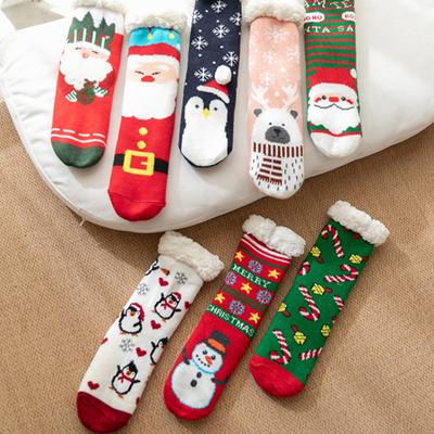 Winter Warm Socks Women Plush Soft Female Non Grip Floor Slippers Long Sock Fuzzy Fluffy Elk Santa Claus Pattern Christmas Gift
