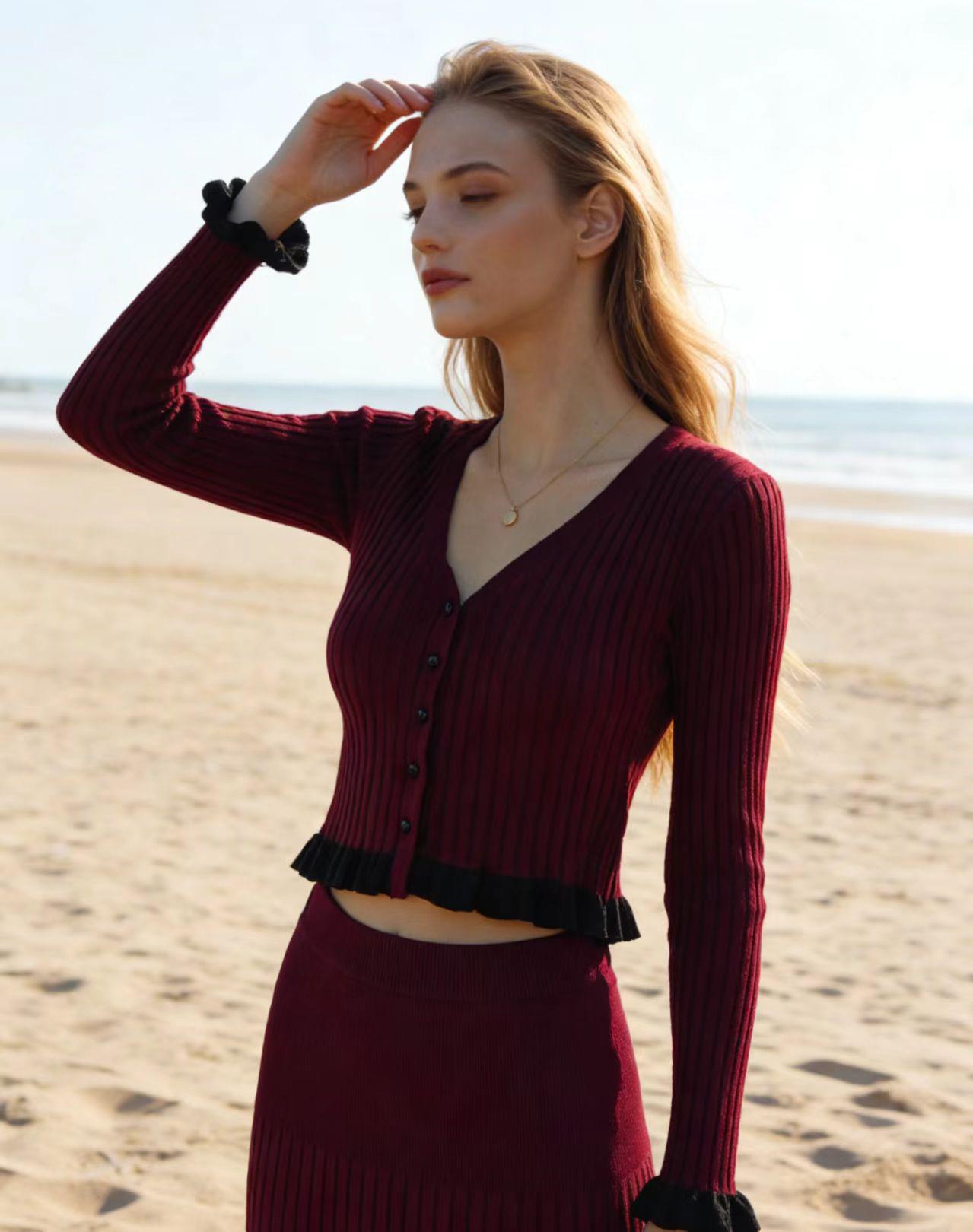 

European Chic Autumn/Winter Women s Knit Cardigan & Skirt Set with Elegant French Ruffles Medium