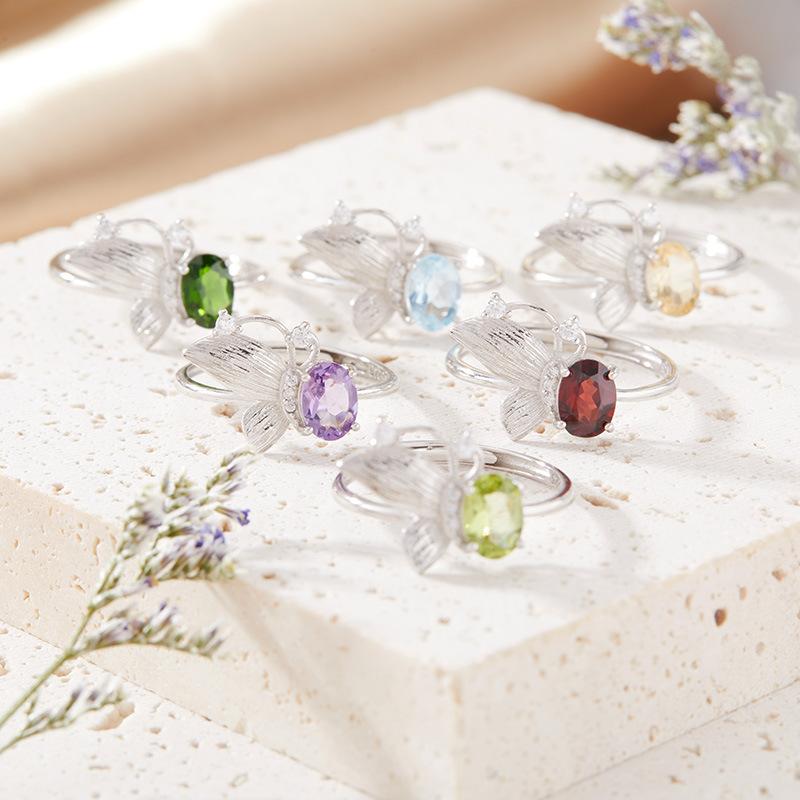 Natural Topaz Garnet Peridot Amethyst Color Treasure Ring Women'S S925 Sterling Silver Butterfly Index Finger Ring