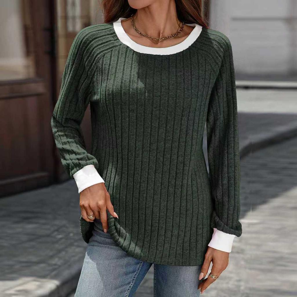 Women's Autumn and Winter New Round-neck Contrasting Color Long-sleeved Striped Sweater T-shirt
