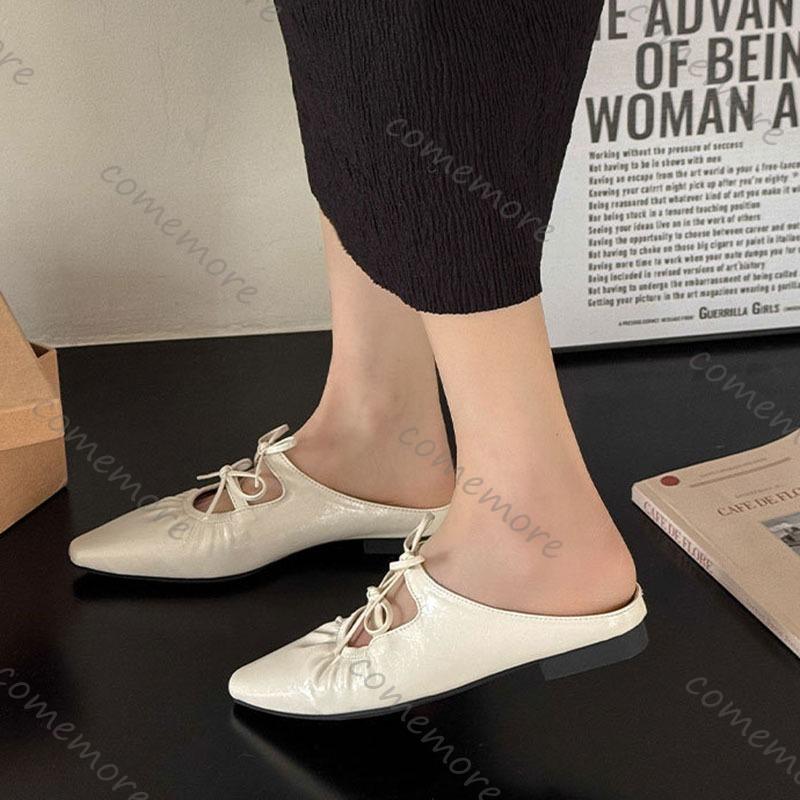 Fashion Comemore Baotou Half Slippers for Women Spring Summer Casual Mules Mary Jane Single Shoe Solid Flat Bottom Butterfly-knot Slides