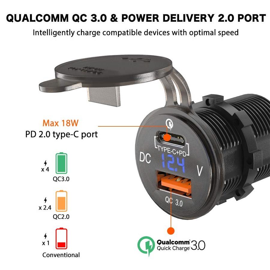 Car QC 3.0 Charger USB Type C Phone Fast Charging Socket w/ Blue LED Voltmeter