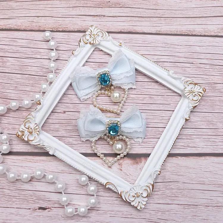 [1 Pair] Cute Hairpin Lolita Cosplay Y2K Hairpin Things for Girls Hair Bow Pearl Lace Girls Hairpin Hair Buckle небесно-голубой