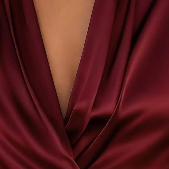 Women Shirt V-Neck Long Sleeve Pleated Smooth Satin Shirt Tops Pure Color Spring