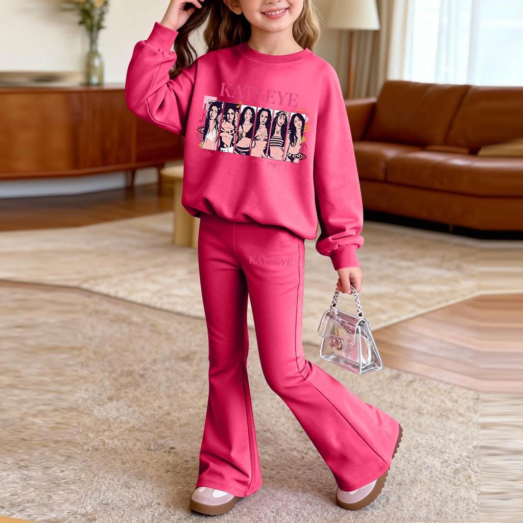 Kids Casual Loose Fit Long Sleeve Neck Printed Top and Pants Set