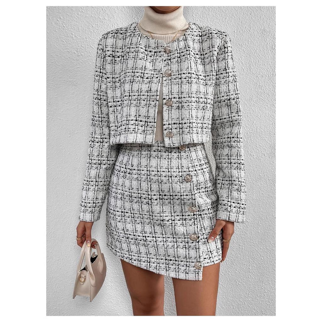 Pink Tweed Two Piece Set Long Sleeve Cropped Jacket High Waist Mini Skirt Gold Buttons