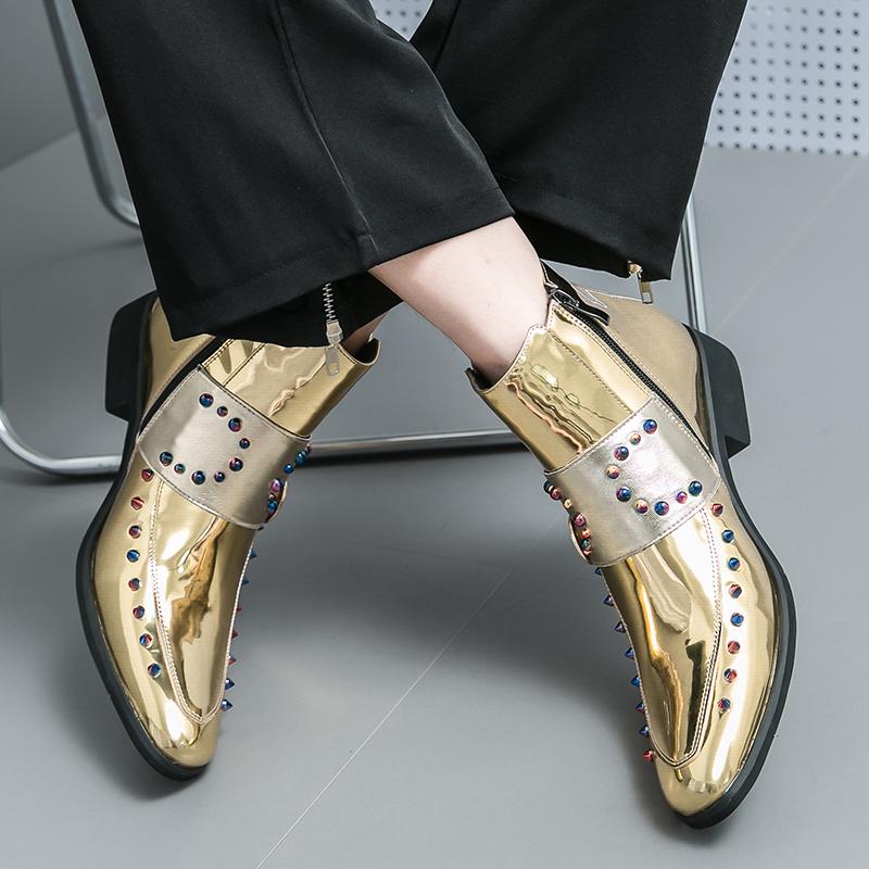 Fashion Design Rivet Golden Mens Dress Boots Luxury Genuine Leather Chelsea Boots Men Oxford Shoes Formal Wedding Shoes For Men  Size 46