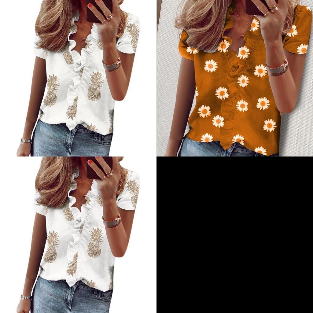 T-shirt da donna alla moda con scollo a V, maniche corte a balze e stampa floreale margherita alla moda