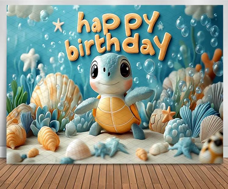 Cute Turtle Theme Birthday Banner Photography Background Blue Decorative Baby Shower Photo Studio Portrait Shooting Background