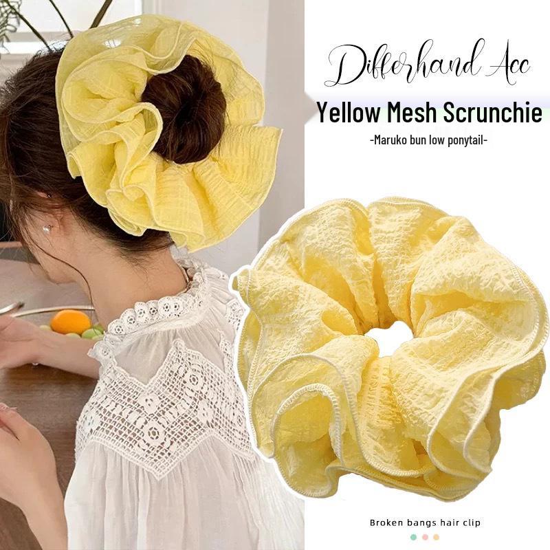 Extra Large Pleated Blue Scrunchie - Korean Style Hair Tie for Women