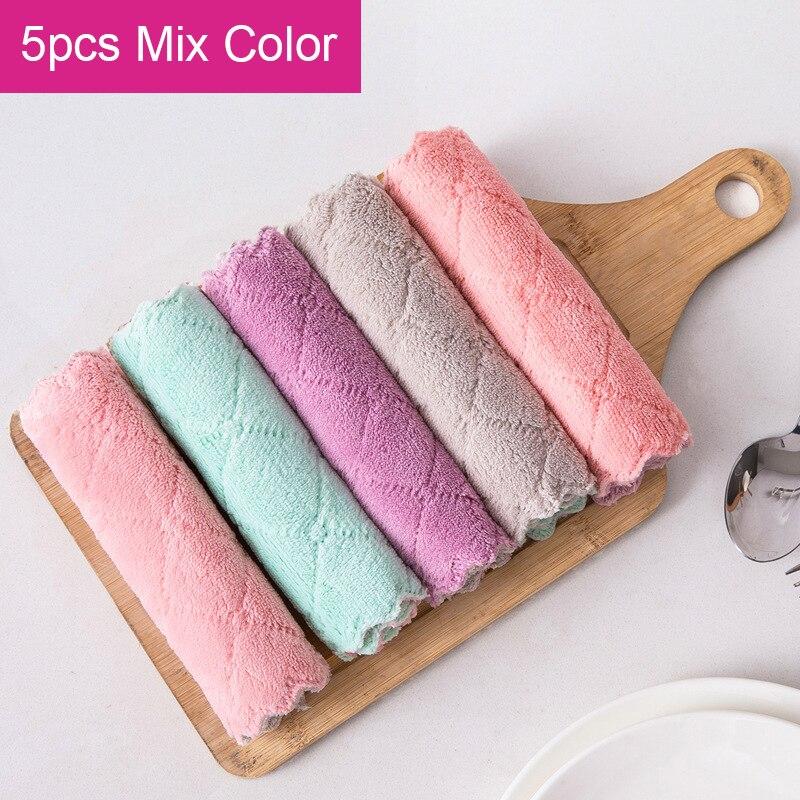 5pcs Double-layer Absorbent Microfiber Kitchen Dish Cloth Non-stick Oil Household Cleaning Cloth Wiping Towel Home Kichen