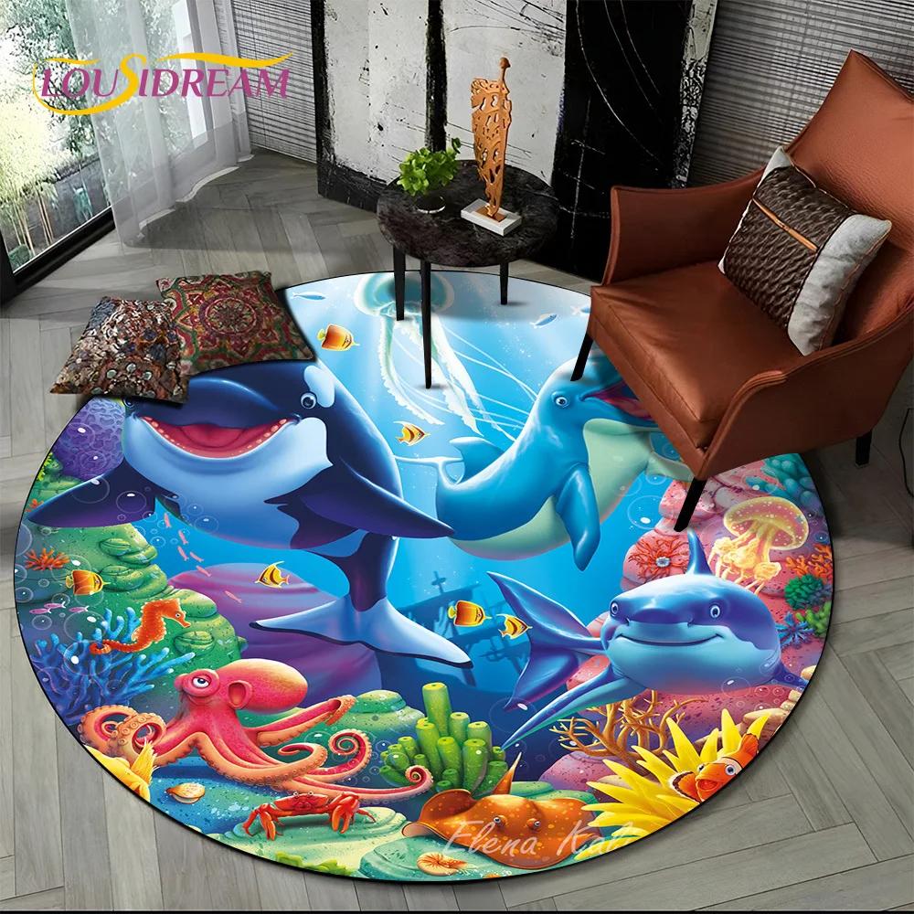 Underwater World Dream Seabed Fish Cartoon Round Carpet Rug for Living Room Bedroom Kids Decor,Pet Area Rug Non-slip Floor Mat