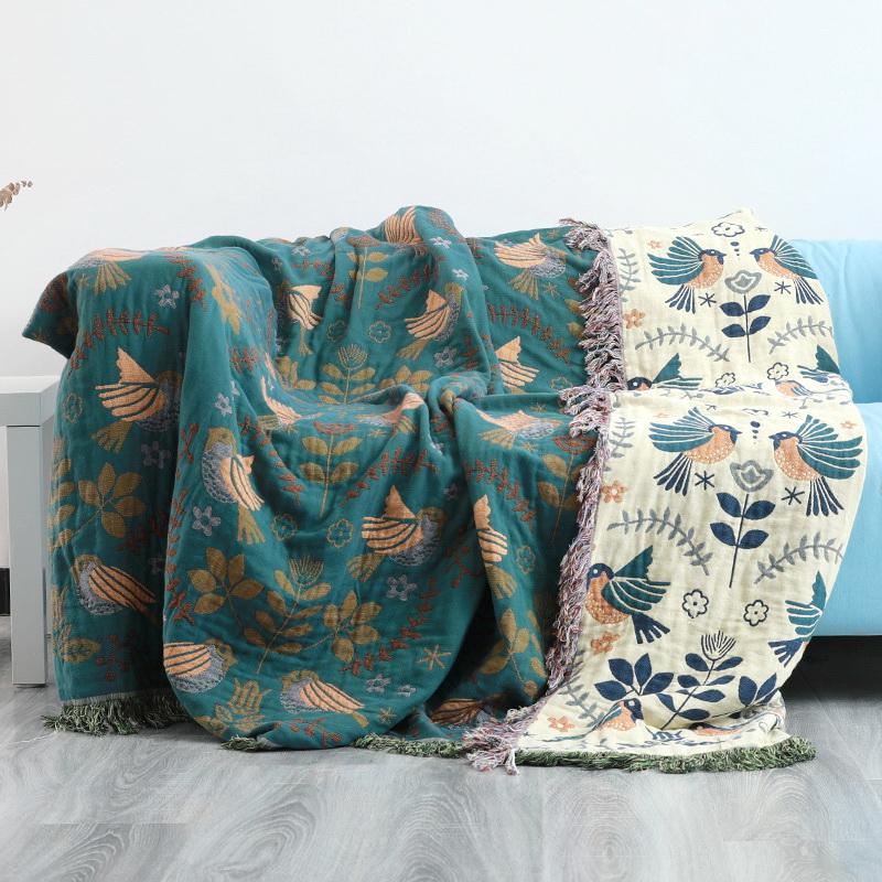 Junwell 100% Katoen Muslin Zomerdeken Gaas Bed Bankhoes Chique Kwast Multifunctioneel Reizen Ademende Plaid 150x200cm blauw