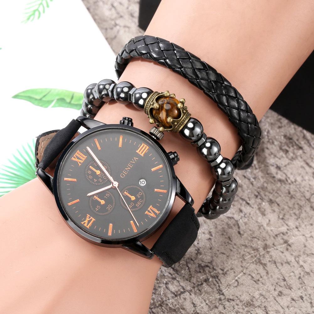 Luxury Men's Sports Casual 3Pcs/Set Quartz Wrist Watch Bracelet Business Fashion Jewelry Gift Alloy Case Leather Glass
