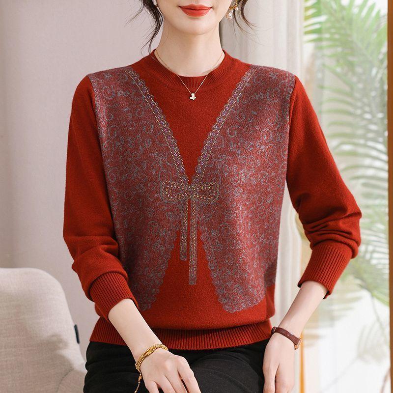 

Autumn Winter Women s Crew Neck Knit Sweater Comfortable Loose Color-block Printed Knit Pullover Plus-size Sweater 3XL вина червоного кольору