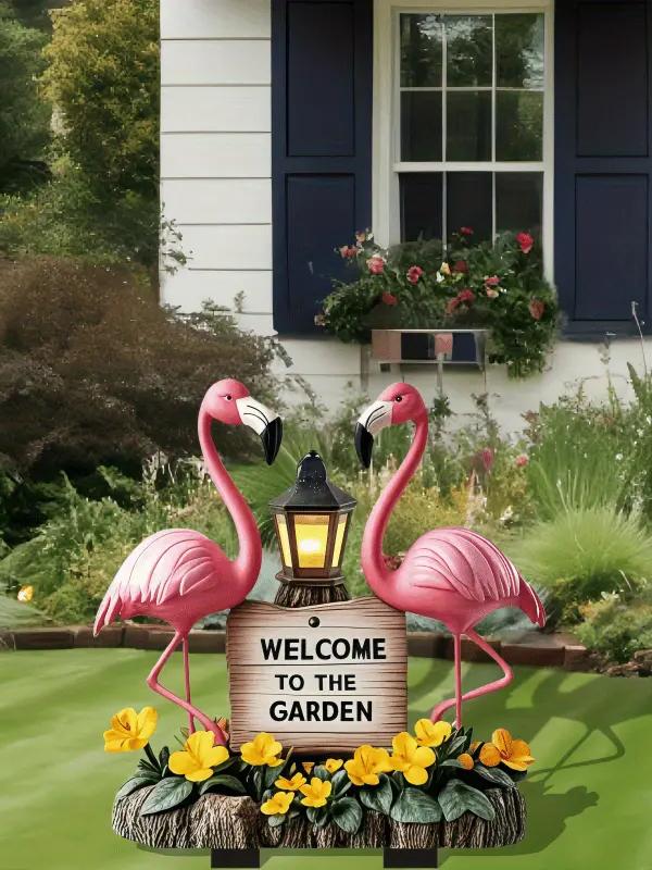 Flamingo Welcome Plaque - Garden Decoration with Lanterns and Flowers, Gift for Easter and Mother's Day Outdoor Decoration Use