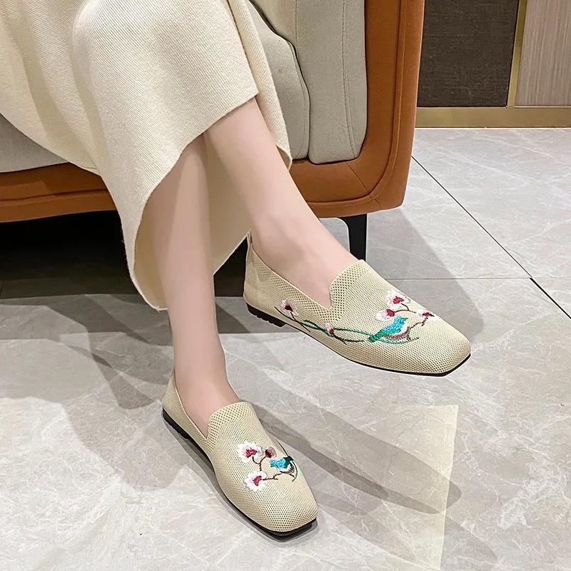 Ladies Shoes 2024 New One Kick Women's Flats Autumn Square Toe Breathable Mesh Solft Sole Light Casual Comfortable Flats Shoes