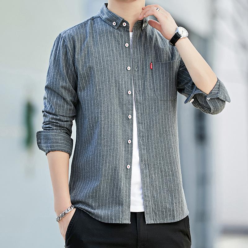 Spring Men's Striped Large-size Korean Version Slim-fit Shirt, Young Student Striped Handsome Polished Shirt