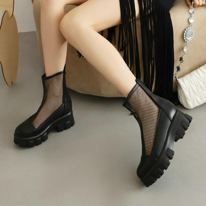 Women Ankle Boots Platform Chunky Heels Ladies Mesh Net Short Boots