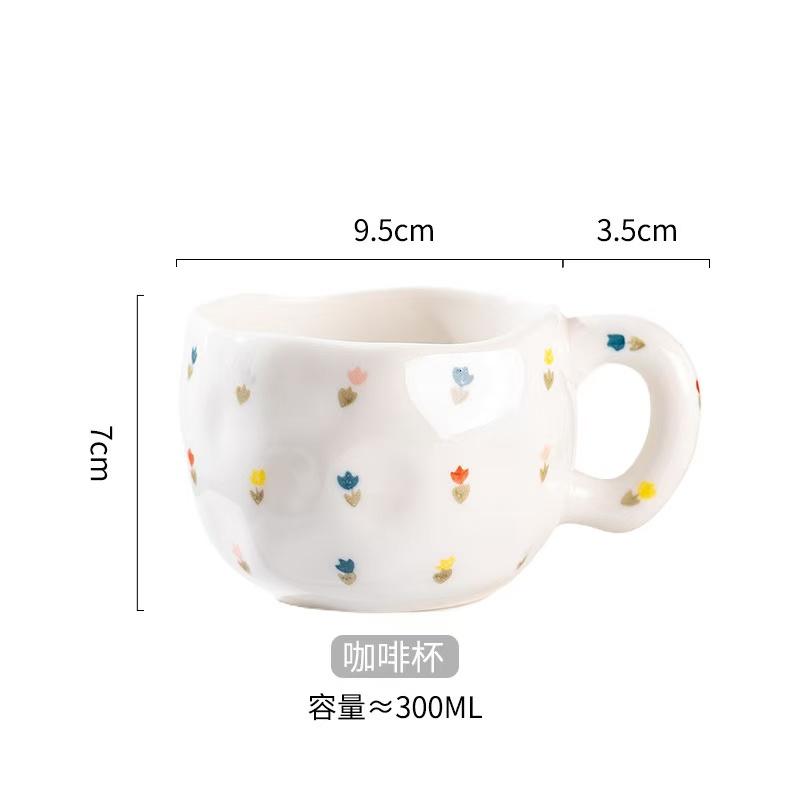 300ML Korean Style Hand Pinched Irregular Ceramic mug Hand-painted Flower Heart Coffee Cup Breakfast Milk Afternoon tea cup Gift