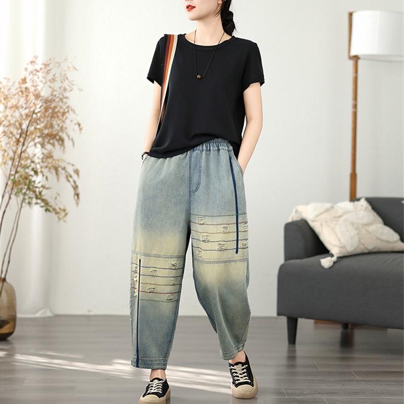 Übergröße dünn Vintage Stickerei Loch hohe Taille lässig locker Damen Sommer Jeans Denim Haremshose
