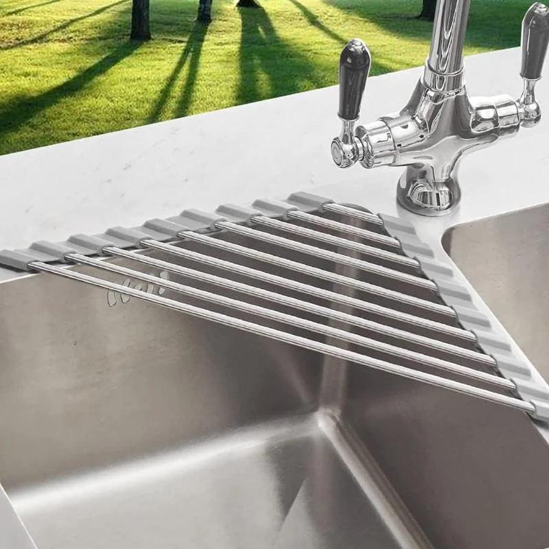 304 Stainless Steel Roll Up Dish Drying Rack Over The Sink Kitchen Roll Up Sink Rack Portable Dish Drainer Foldable Drying Rack