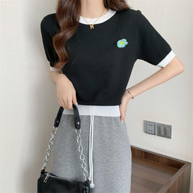 

Летняя футболка с короткими рукавами и вафельным узором, летняя, с ярким дизайном, в стиле «удобный фасон», облегающая, с короткими рукавами, футболки One Size чёрный