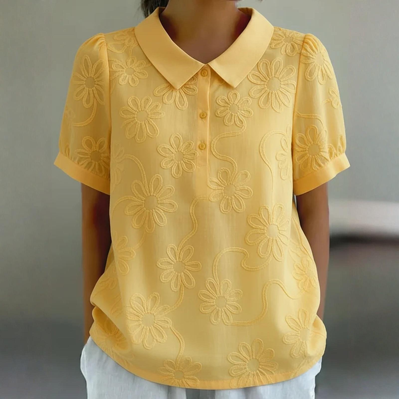 Ladies  Casual And Fashionable Short Sleeved Embroidered Shirt With A Lapel And Button Up Top L