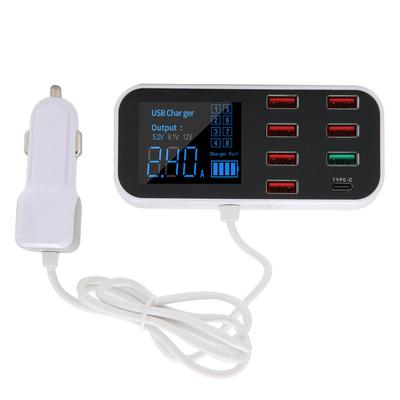 40W Wieloportowa Ładowarka Samochodowa USB 8 Portów USB Ładowarka Samochodowa z Wyświetlaczem Adapter QC3.0 i Type C PD