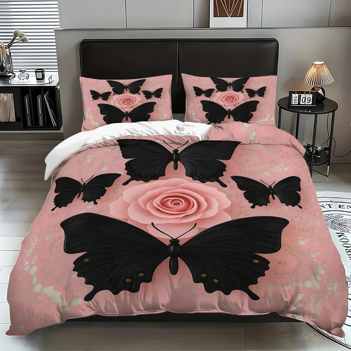 

3pcs pink floral butterfly pattern duvet cover set 1 duvet cover+2 pillowcases coreless. Soft and comfortable bedding set EU Twin(135x200cm)