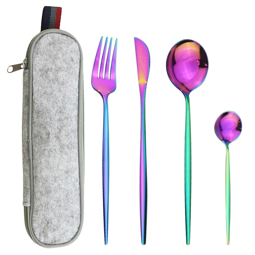 Mátově zelená zlatá sada nádobí Sada příborů na cesty, kemping, nůž, vidlička, lžíce, přenosná šedá taška, sada nádobí z nerezové oceli