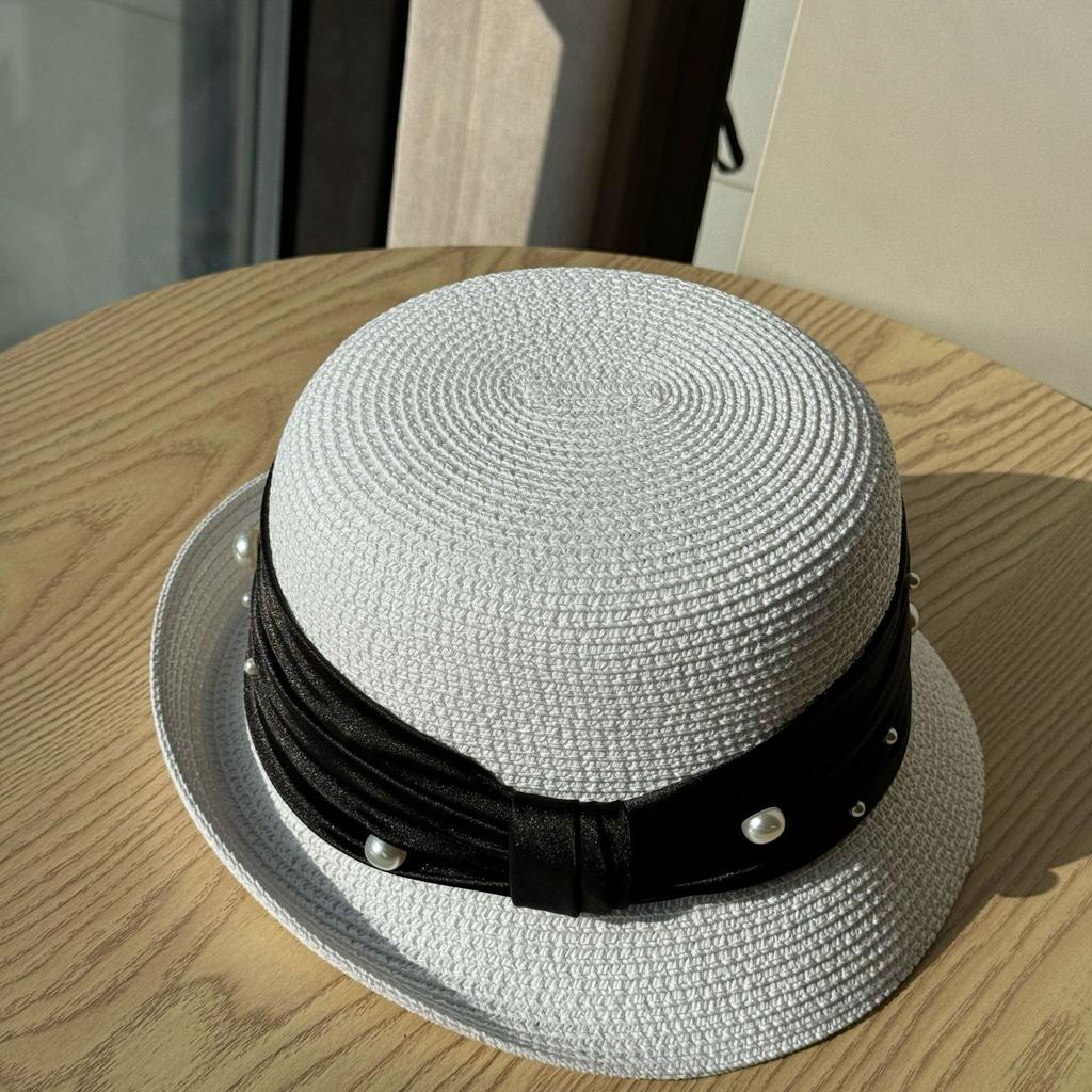 French Pearl Webbing Rolled Up Topper Women's Summer New Beach Seaside Vacation Sun Hat