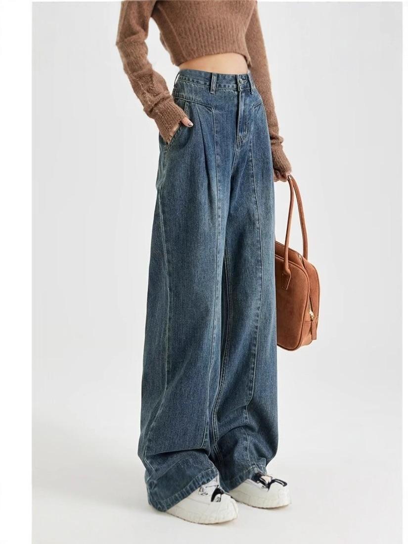 

Women s High Waist Retro Wide Leg Jeans - Spring & Autumn Loose Fit 5XL синий
