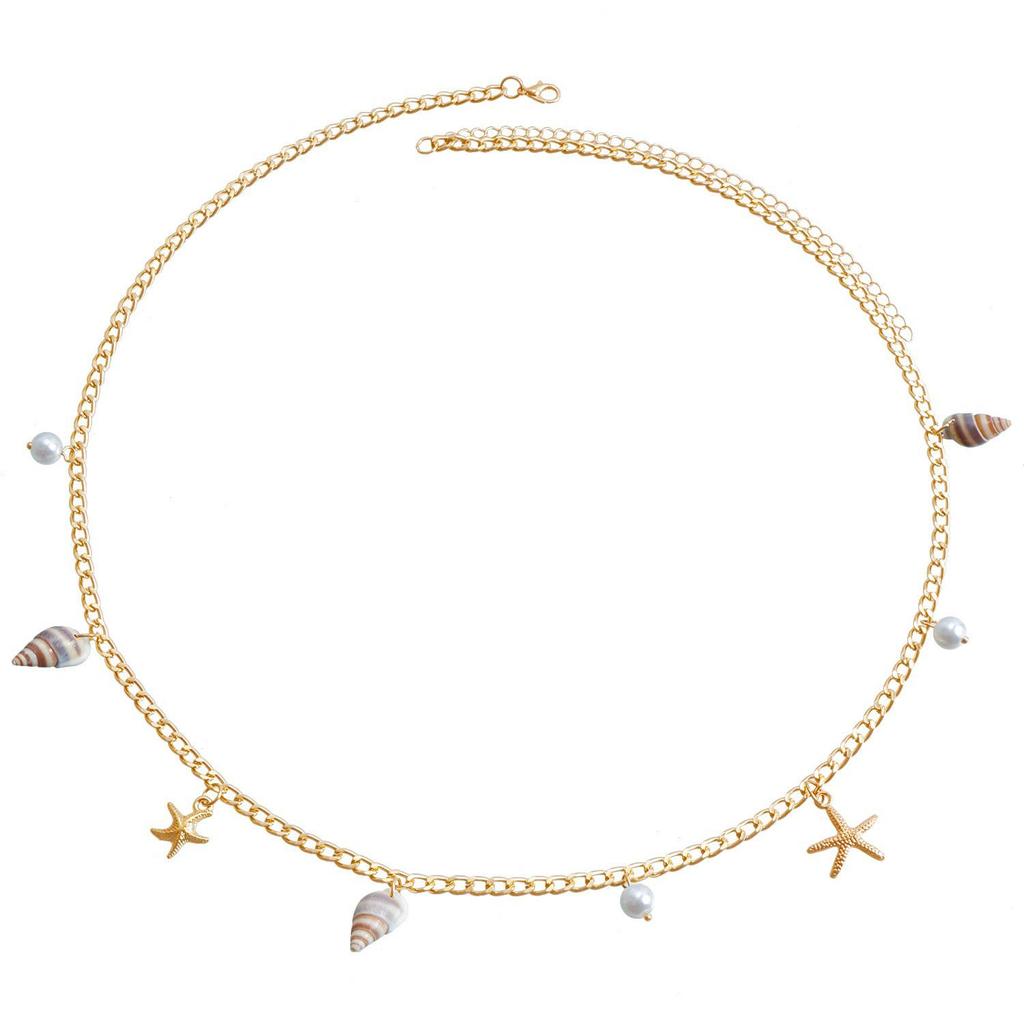 Stylish Summer Beach Starfish & Shell Pendant Waist Chain with Imitation Pearl & Tassel for Women