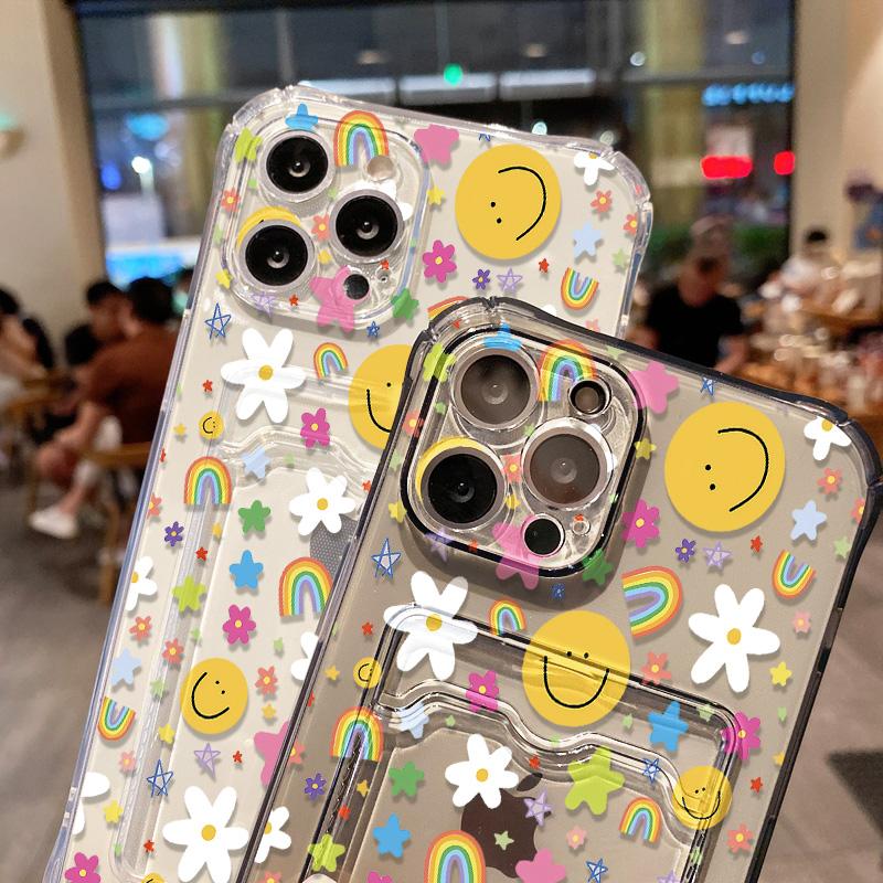 Card Holder Smile Phone Case For iPhone 11 Fundas iPhone 13 16E 16 Pro Max14 15 12 XR X Xs 7 8 Plus SE Shockproof Soft TPU Cover