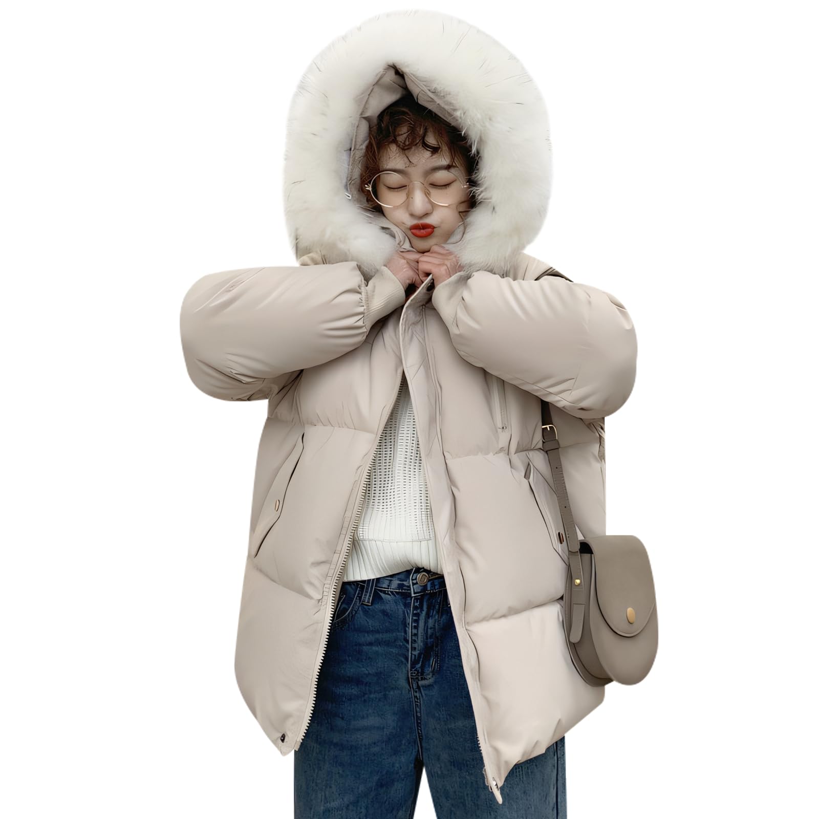 

inotenka Down Padded Winter Fur Loose Thick Women s Jacket, Outerwear, Jacket, Short, Wear, Hood, Pockets, Fit, Casual, (JP, Alphabet, S, Beige)