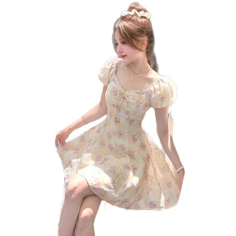 Bubble Sleeve Shoulder French Apricot Floral Short Sleeve Dress Small Man Summer Beautiful Small Skirt