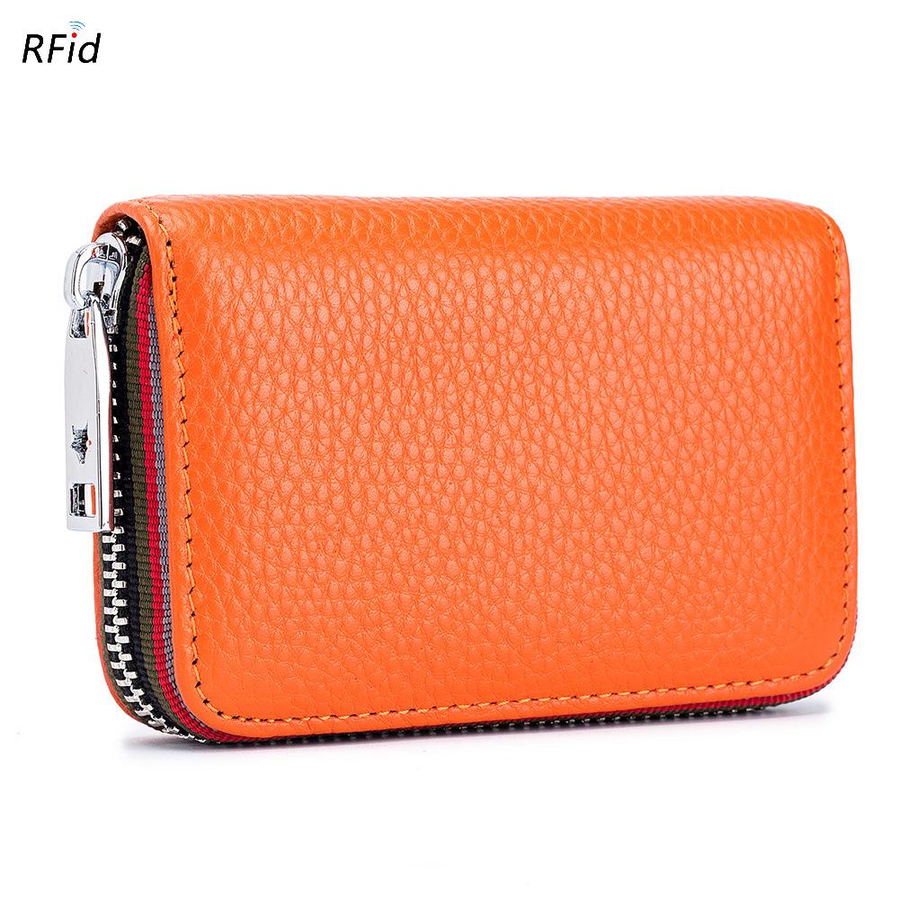 Fashionable RFID Accordion Cowhide Card Holder with Zipper for Ladies and Men