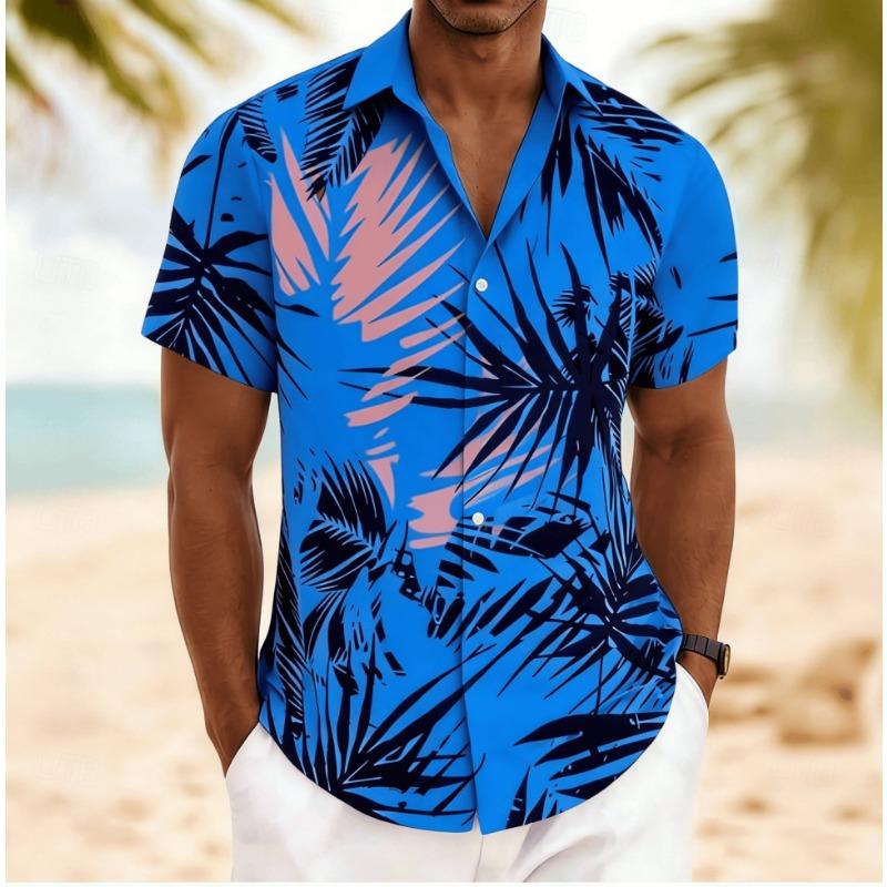 Men's Palm Leaf Print Short Sleeve Shirt, Spring Summer Artistic Hawaiian Vacation Blouse, Loose Casual Top