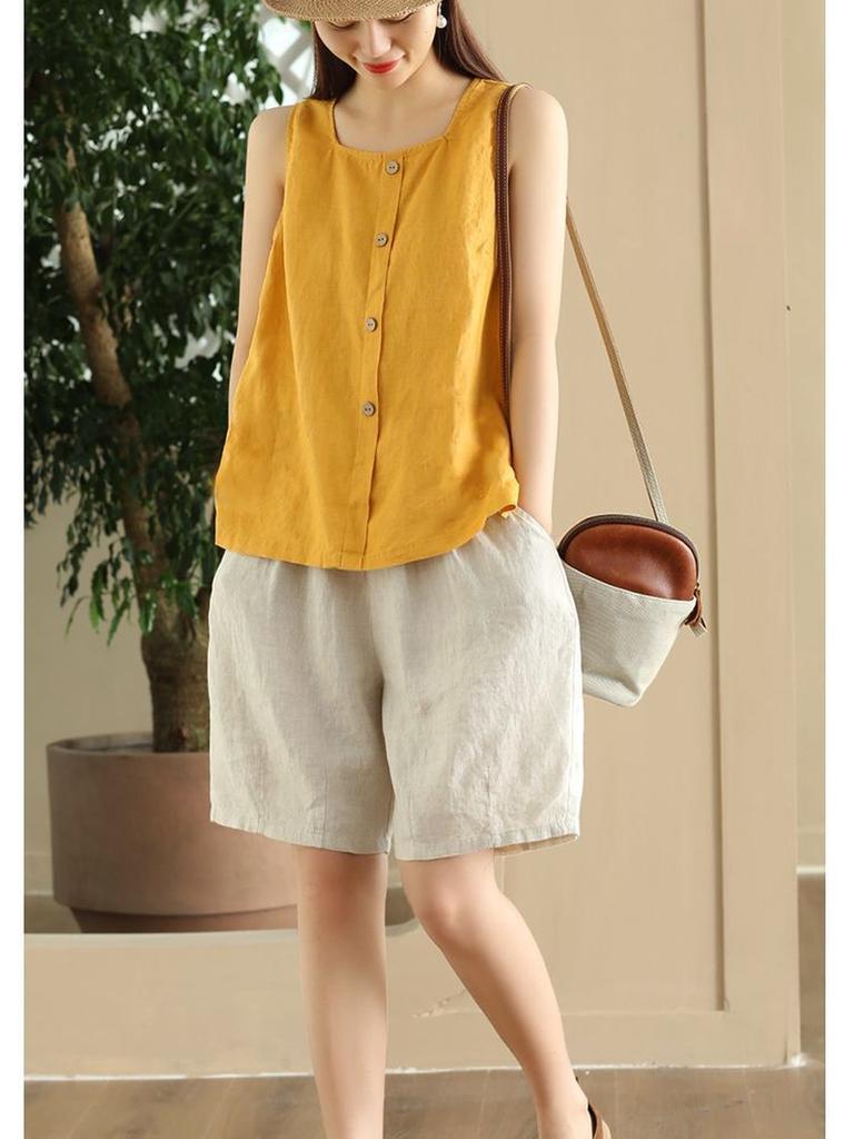 Cotton Linen Sleeveless T-Shirt Summer Casual Button Decoration Vest Loose Top