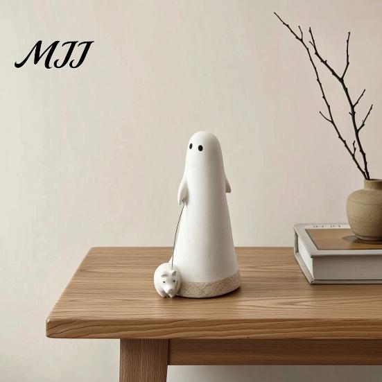 Matte White Resin Ghost Ornament Dog Statue, Cute Walking Figurine, Spooky Funny Figurine Halloween Decoration for Tabletop Mantel Shelf Holiday Party
